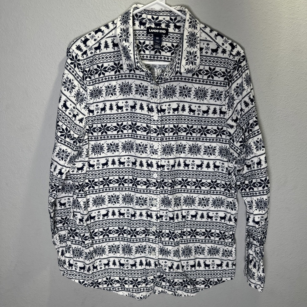 Lands End Womens Size 14Fair Isle Flannel Button Up Shirt Reindeer Snowflake Top